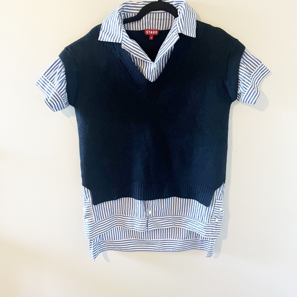STAUD Navy Merino Wool Sweater Vest Striped Cotton Shirt Layered Top Medium